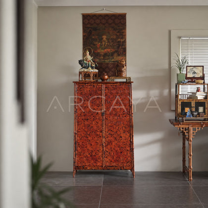 Vermilion Lacquer Marquetry Double Door Tall Cabinet - scene