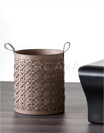 Vintage Handwoven Leather Laundry Hamper - scene