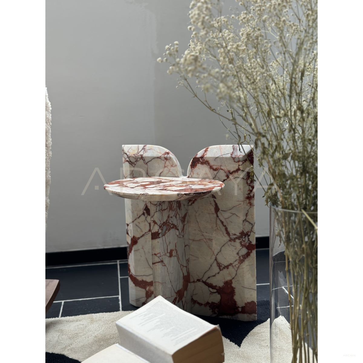 Red Veined Marble Geometric Side Table in detail