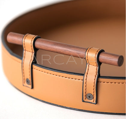Vintage Brown Double Wood Handle Leather Round Tray - scene