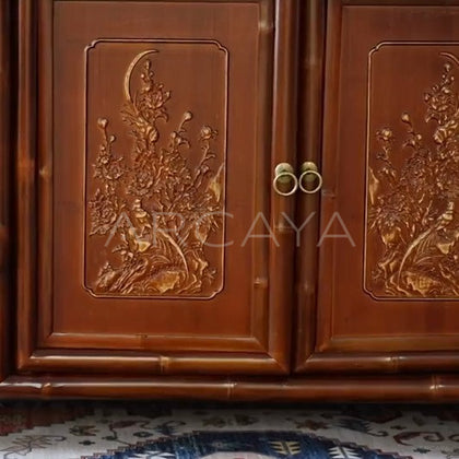 Gold Painted Flower Bird Four Door Sideboard - detail