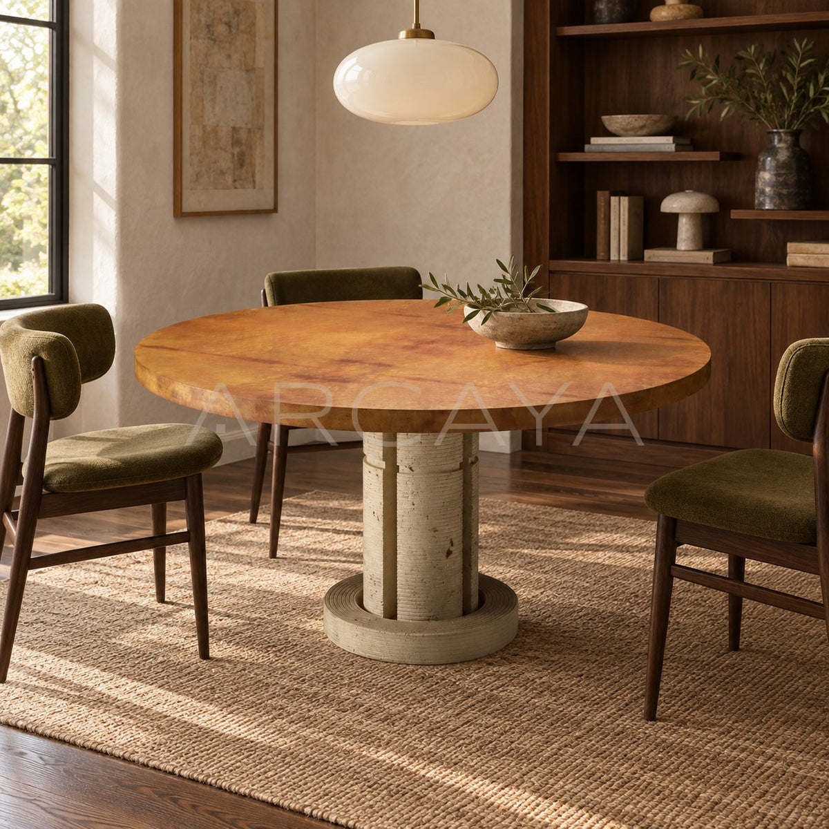 Burl Wood Travertine Base Round Dining Table - main