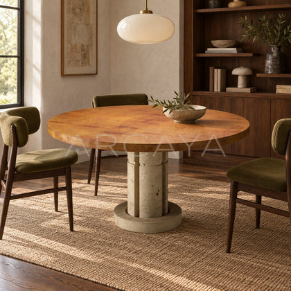Burl Wood Travertine Base Round Dining Table - main