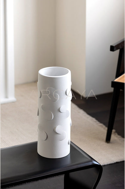 Vintage Black White Relief Cylinder Ceramic Vase - scene