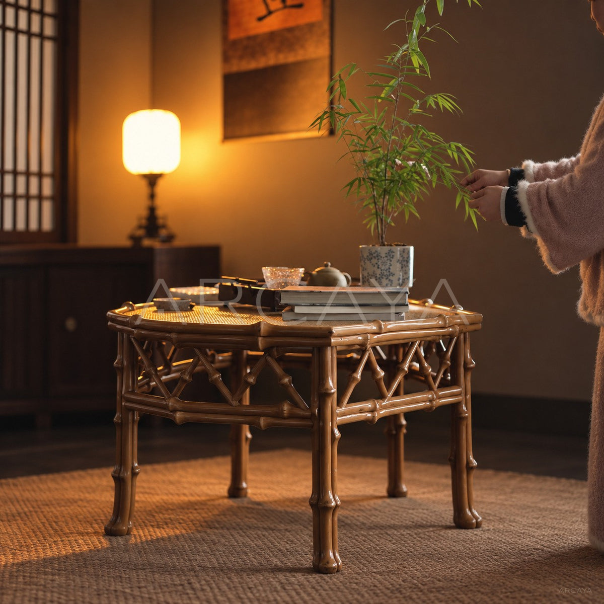 Cabriole Leg Bamboo Round Tea Table in detail