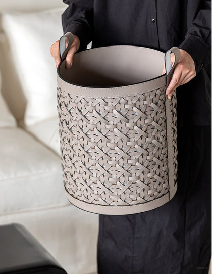 Vintage Handwoven Leather Laundry Hamper - scene
