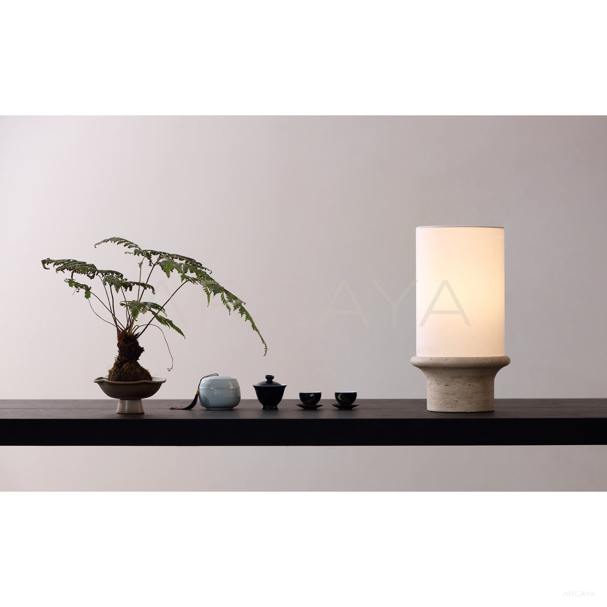 Travertine Base Cylinder Fabric Shade Table Lamp 95343 in detail