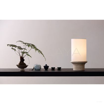 Travertine Base Cylinder Fabric Shade Table Lamp 95343 - scene