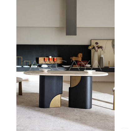 Jade Rabbit Travertine Wood Dining Table - scene