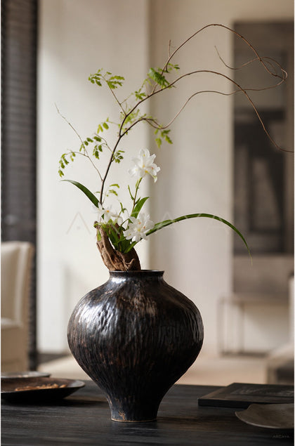 Vintage Dark Brown Hammered Narrow Neck Vase - scene
