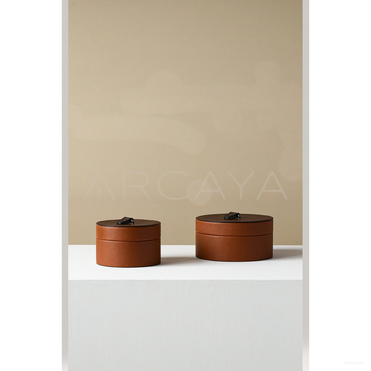 Caramel Brown Leather Round Storage Box in detail