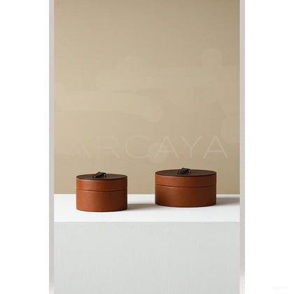 Caramel Brown Leather Round Storage Box - scene