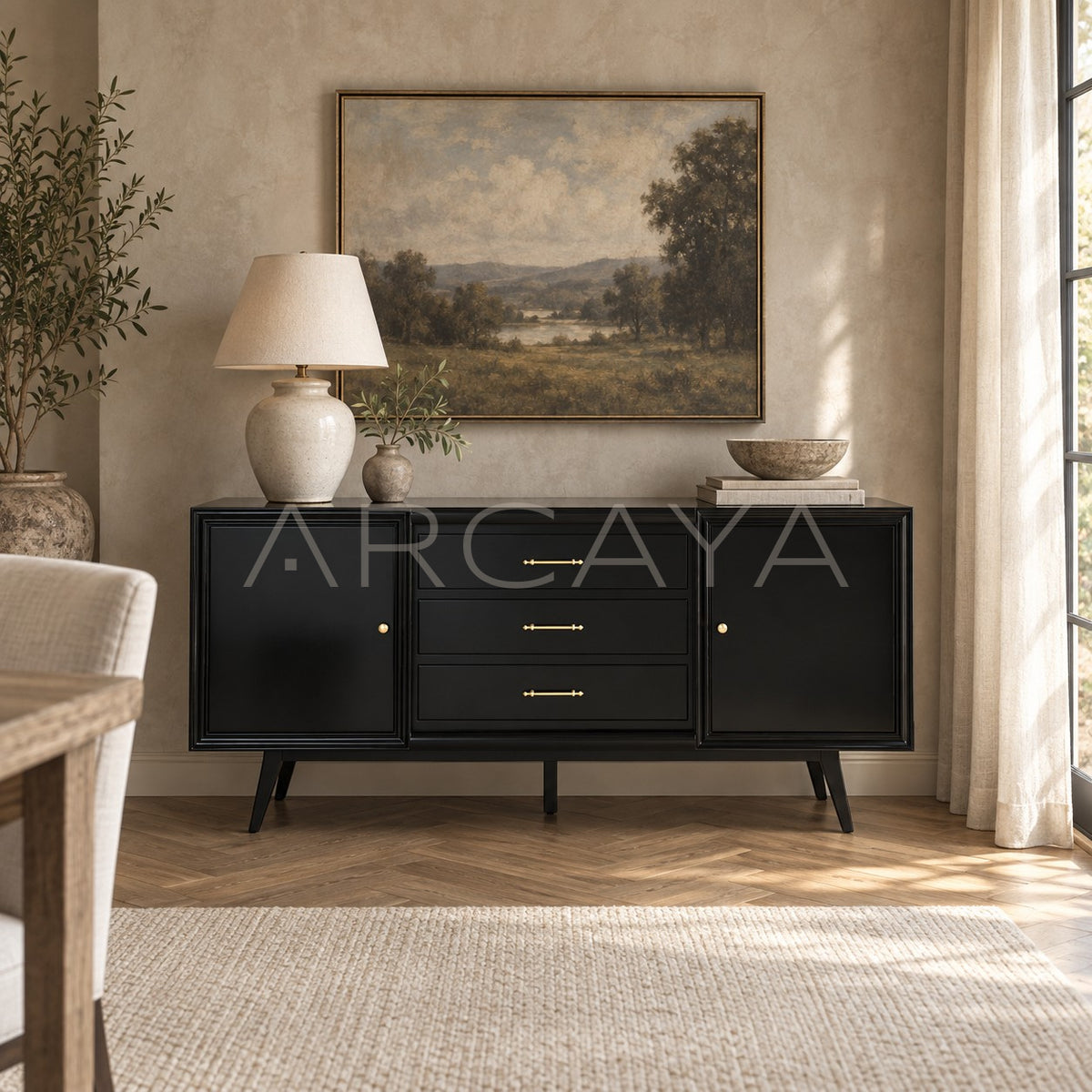Vintage Minimalist Black Gloss Sideboard in detail