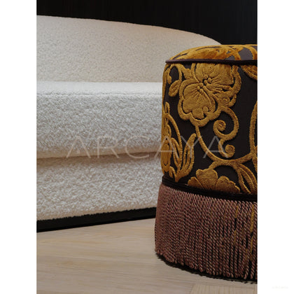 Gold Floral Velvet Fringe Pouf — Ottoman - scene