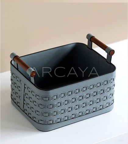 Handwoven Leather Wardrobe Basket Wood Handles - scene
