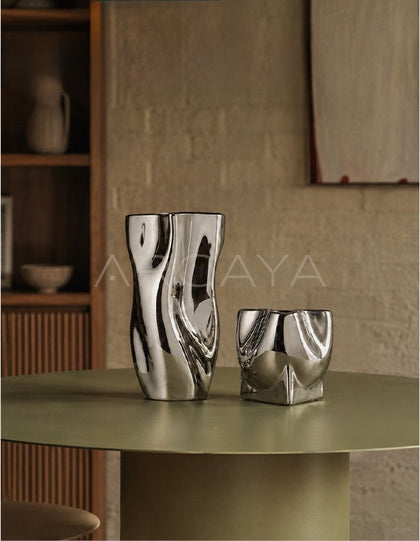 Twisted Pleated Silver Plated Ceramic Vase - scene