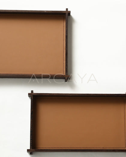 Solid Wood Dark Brown Leather Aroma Tray - scene
