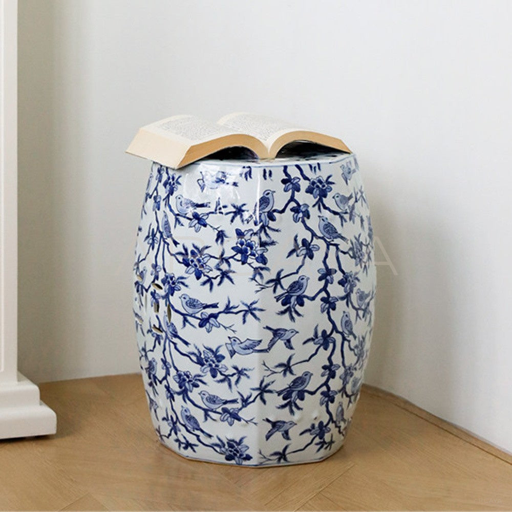 New Chinese Blue White Birds Ceramic Drum Stool - main
