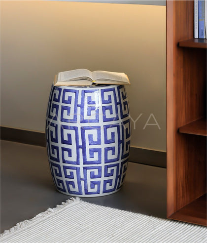 Blue White Fretwork Hand Painted Ceramic Drum Stool - scene
