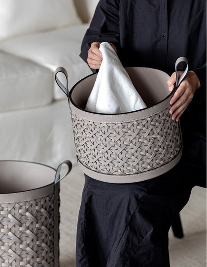 Handwoven Leather Magazine Basket - scene