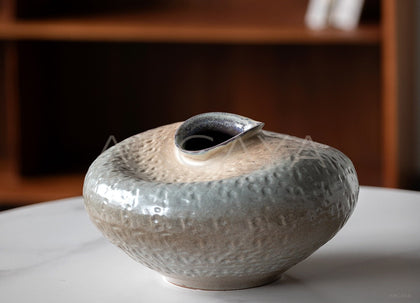 Wabi Sabi Kiln Glaze Flat Belly Ceramic Vase - scene