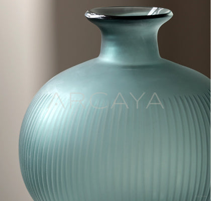 Vintage Mist Blue Ribbed Frosted Glass Vase - scene