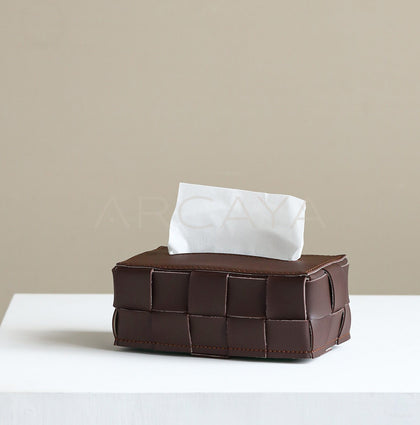Vintage Brown Handwoven Leather Tissue Box - scene