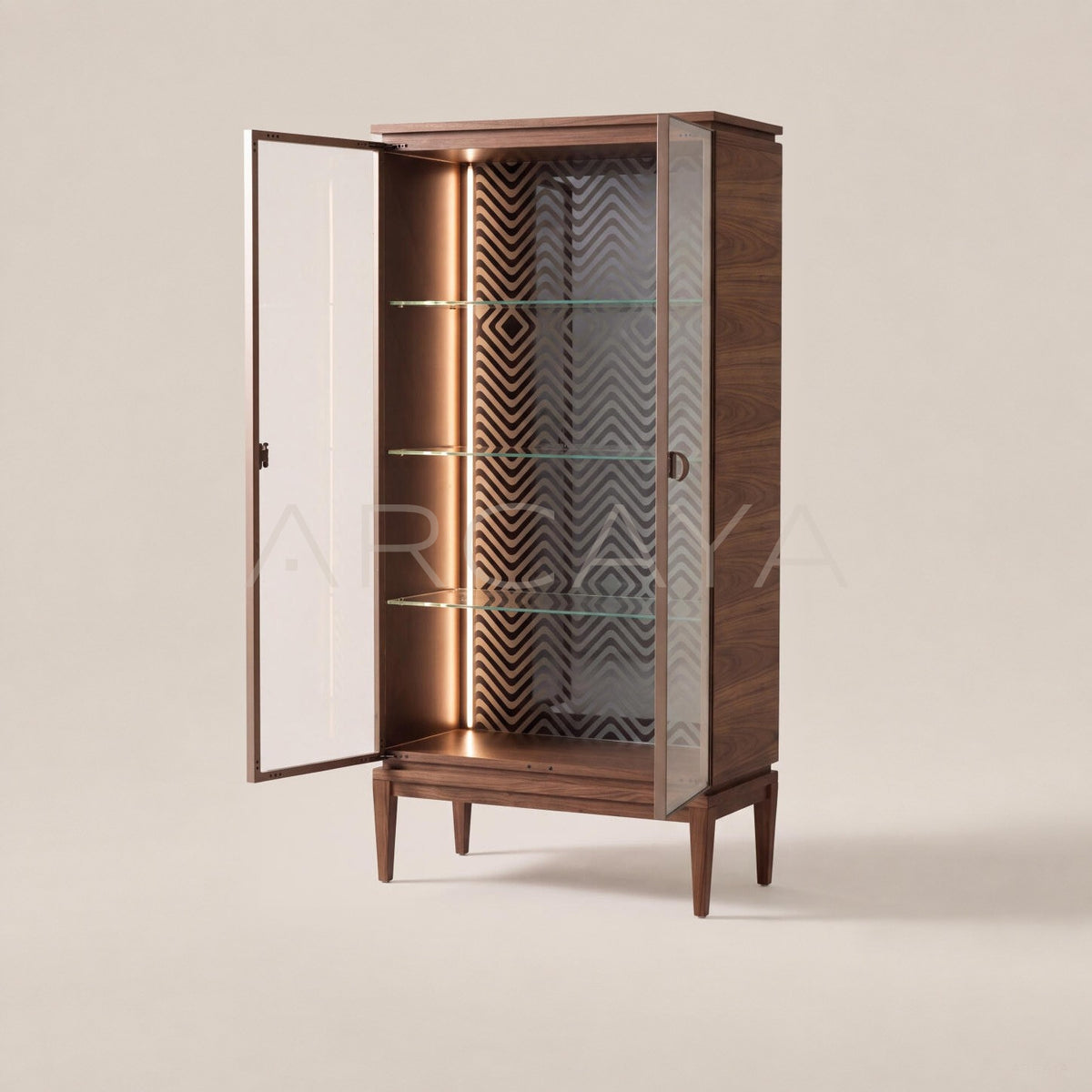 Mid Century Walnut Glass Door Lighted Wine Cabinet - main
