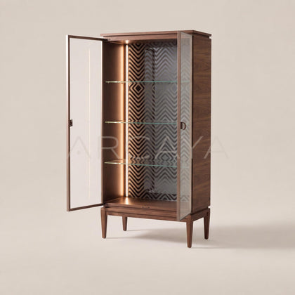 Mid Century Walnut Glass Door Lighted Wine Cabinet - main