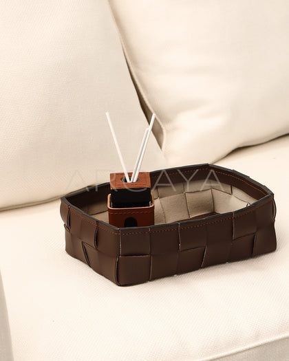 Handwoven Leather Storage Basket - scene