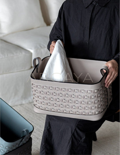 Handwoven Leather Storage Basket With Handles - scene