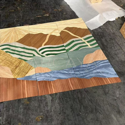 Mountain Landscape Veneer Marquetry Screen - scene