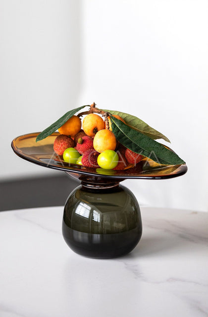 Amber Black Handmade Footed Glass Fruit Bowl - scene