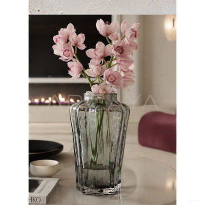 Handmade Ribbed Smoked Glass Vase - scene