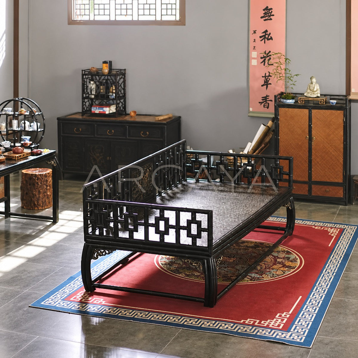 Carved Purple Bamboo Luohan Daybed in detail