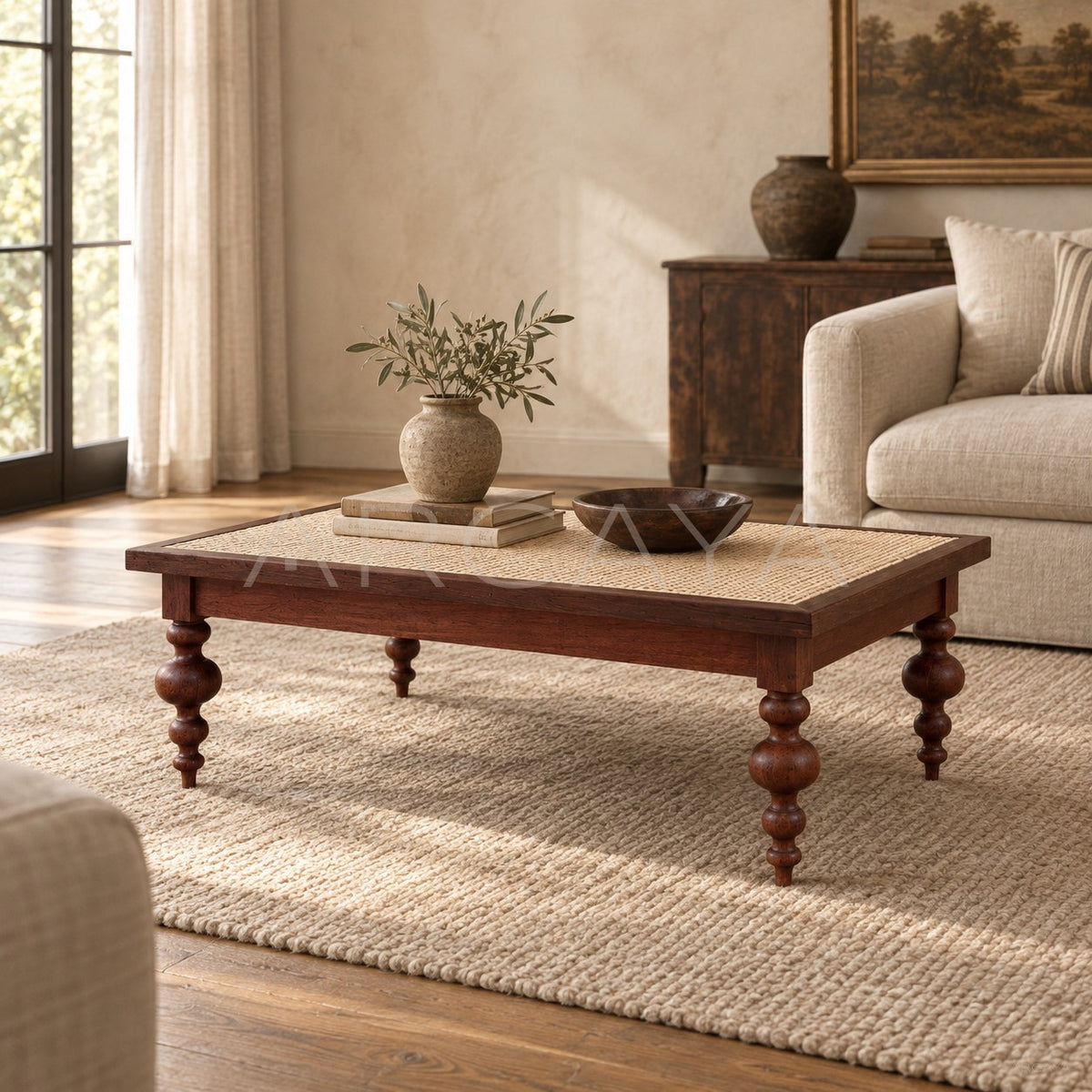 Raffles Concrete Rattan Table in detail
