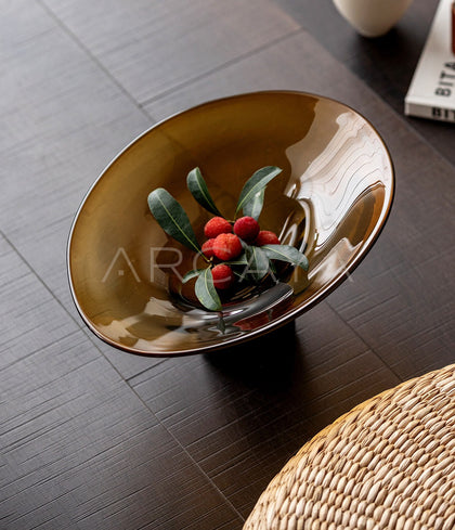 Amber Black Handmade Footed Glass Fruit Bowl - scene