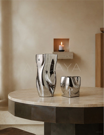 Twisted Pleated Silver Plated Ceramic Vase - scene