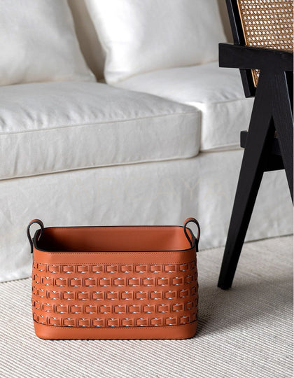 Handwoven Leather Storage Basket With Handles - scene