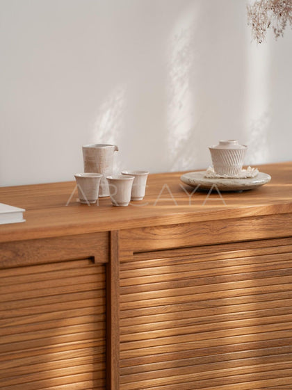 Burmese Teak Mid Century Tambour Cabinet - detail