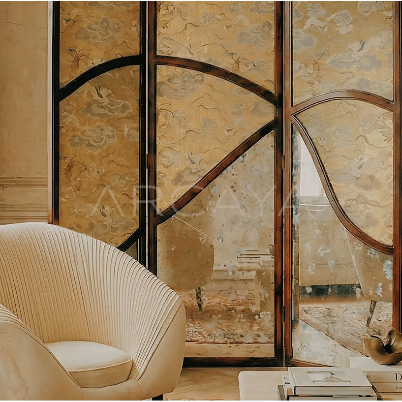 Gold Leaf Walnut Folding Screen in detail