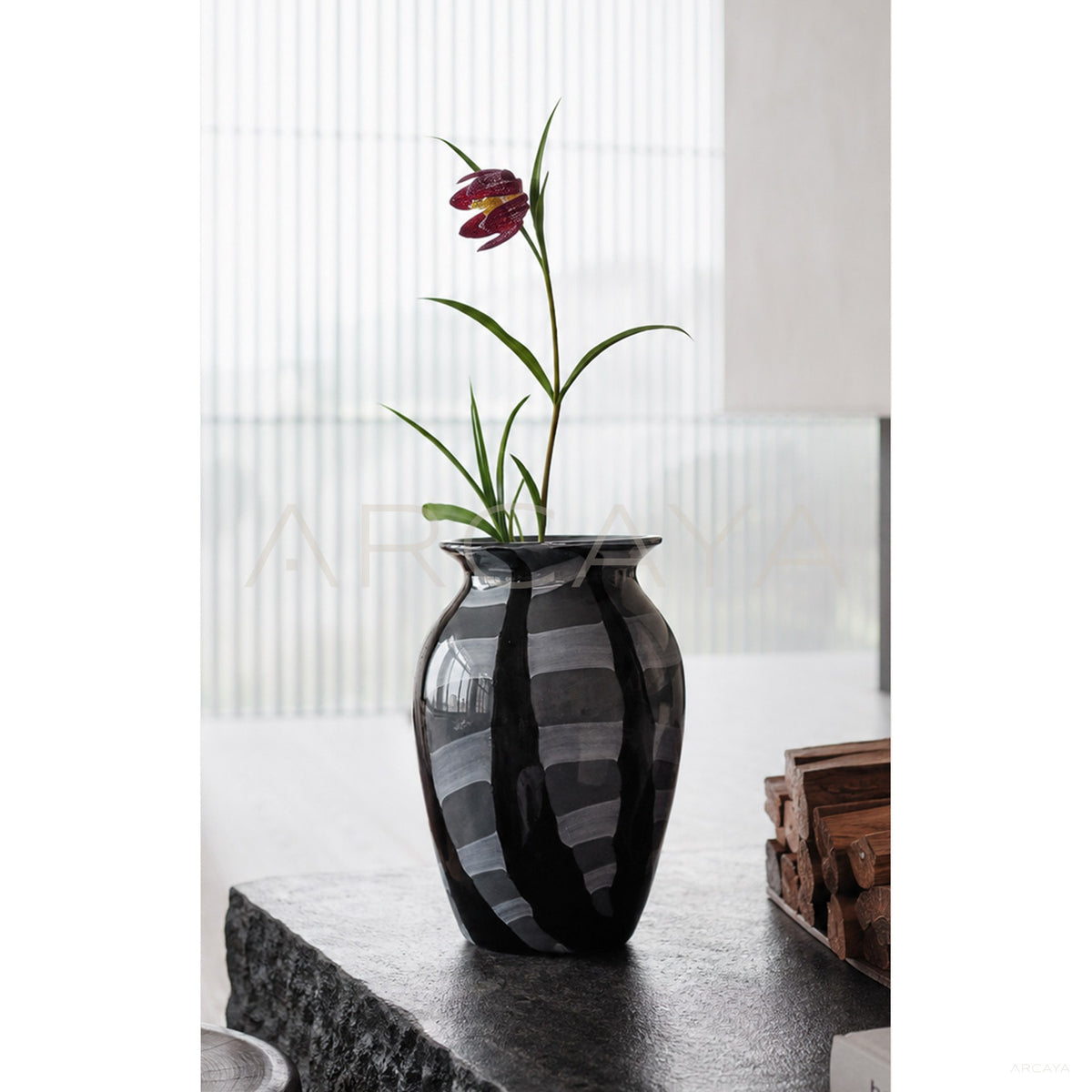 Black Grey Striped Glass Vase in detail