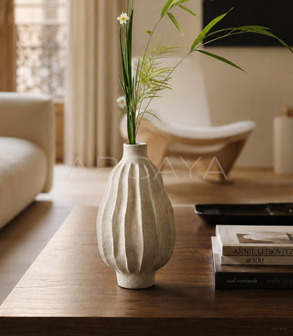 Wabi Sabi Ribbed White Ceramic Vase - scene