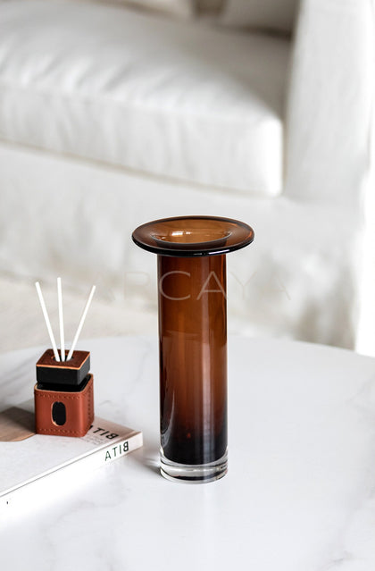 Mid Century Brown Black Gradient Cylinder Glass Vase - scene