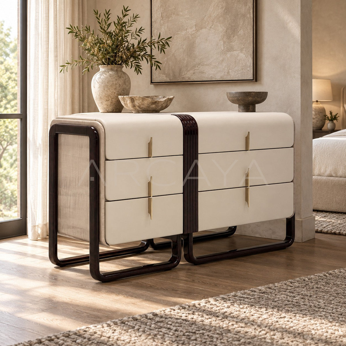 Cream Leather Ebony Curved Frame Six Drawer Chest in detail