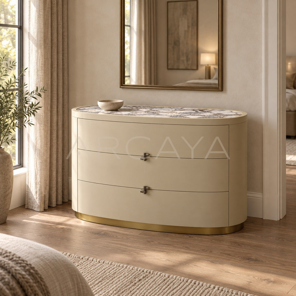 Oval Bulgari Sintered Stone Top Curved Three Drawer Chest in detail
