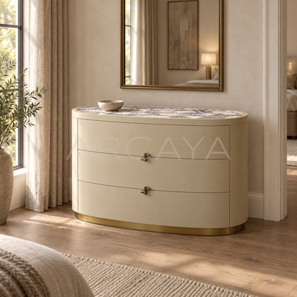 Oval Bulgari Sintered Stone Top Curved Three Drawer Chest - scene