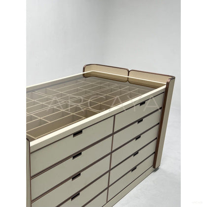 Vertical Stripe Upholstered Vanity Chest - scene