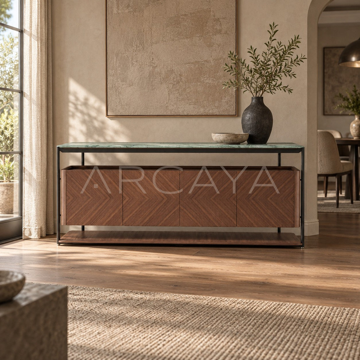 Framed Walnut-Tone Sideboard in detail