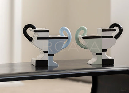 Double Ear Two Tone Geometric Ceramic Vase - scene